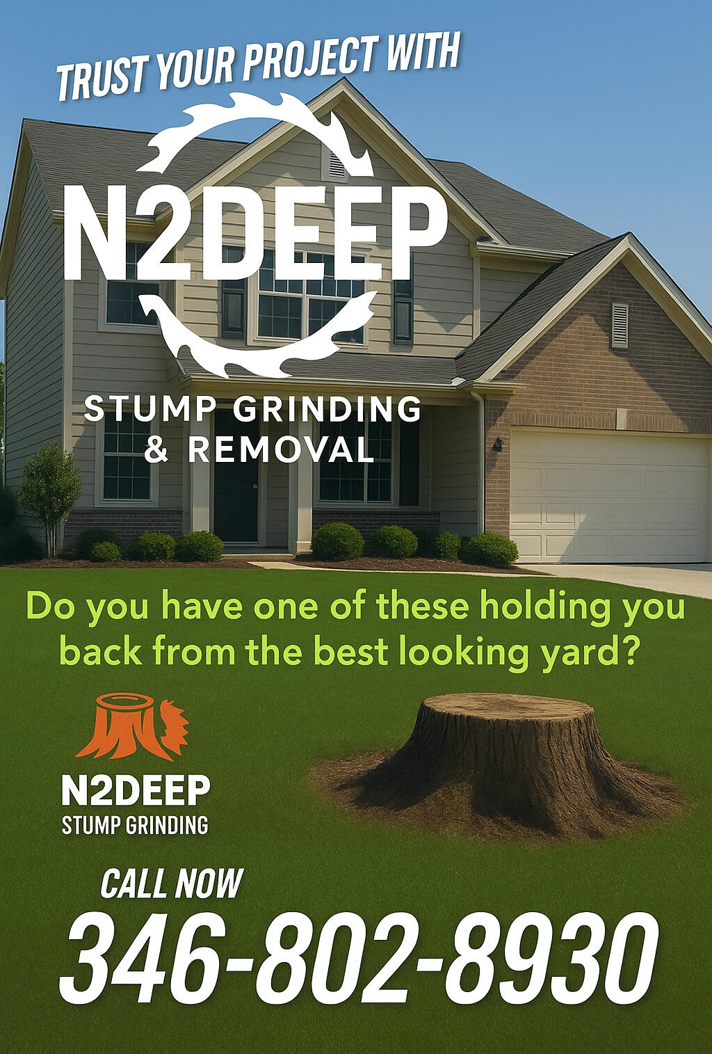 N2Deep Stump Grinding crew removing a tree stump safely and efficiently in Houston